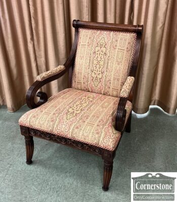 Exposed Wood Arm Chair with Gold Print Upholstery