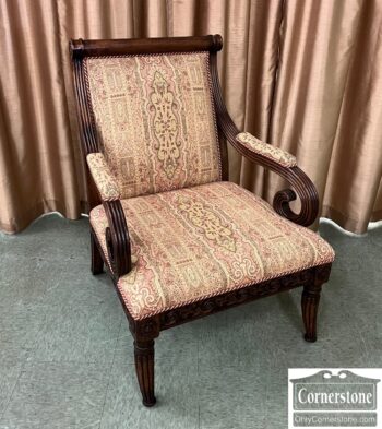 Exposed Wood Arm Chair with Gold Print Upholstery