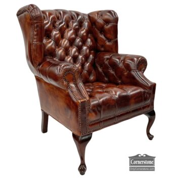 5026-1-Vintage Tufted Leather Wing Chair Ottoman