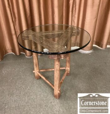 8076-3-Rnd Glass Top Rustic End Table