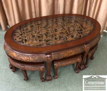 8135-38-Asian Carved Coffee Table w Benches